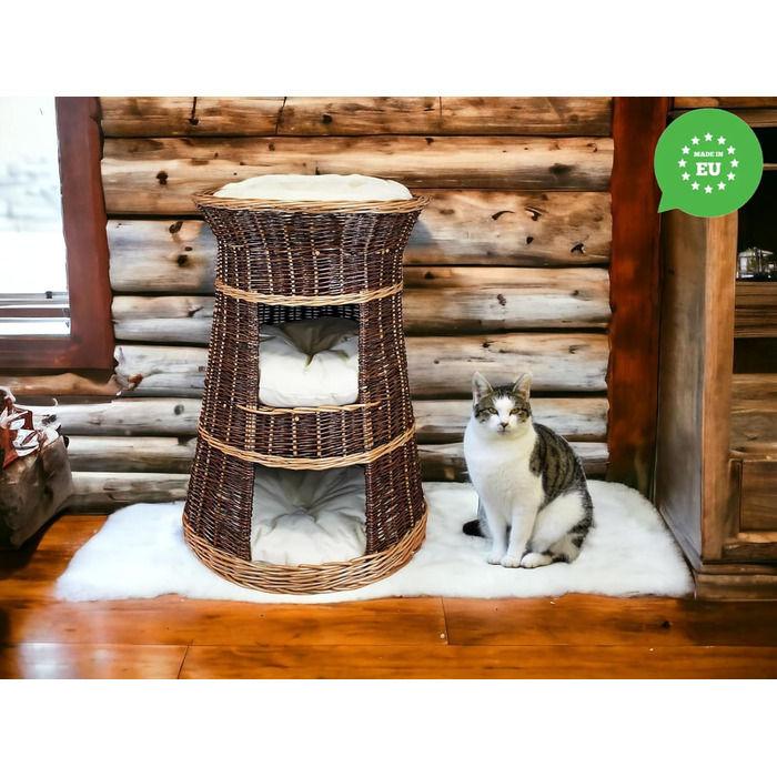Корзина для котів для сну - котяча хатинка для дому - розмір 43 x 49 x 70 см, кругла - котяча печера з лози, трирівневе ліжко для собак або котів з пральним подушками в кольорі слонова кістка - лакована корзина з бежевими подушками
