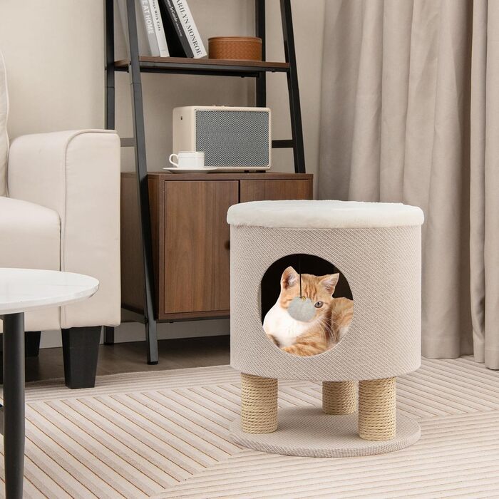 Когтеточка для котів COSTWAY, компактна, з котячим будиночком, пуфиком, м'яким лежаком, 3 сизалевими стовпчиками та іграшковим м'ячем, 40x40x47 см, бежева