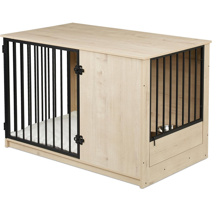 Клітка для собак Relaxdays, сіра/чорна, розмір 65,5x102x60 см, з двома мисками, з дерева, MDF & сталь