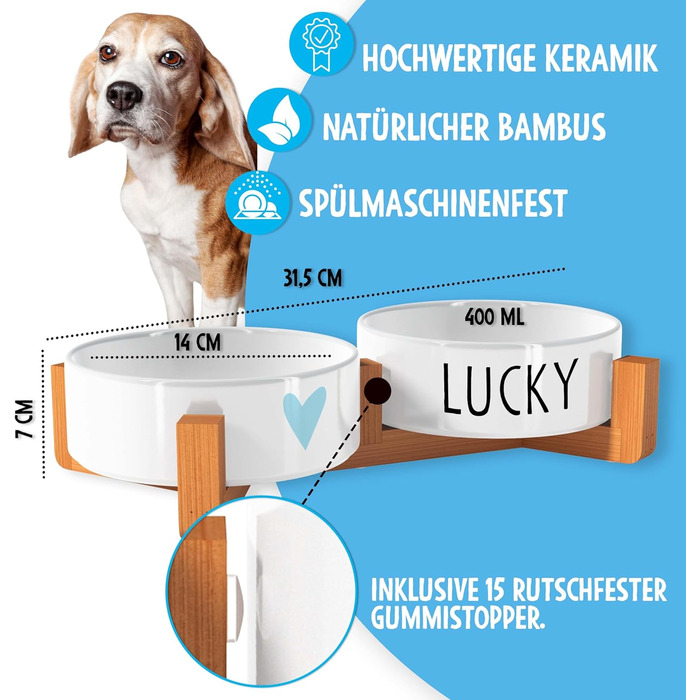 OWLBOOK Миска для собак з гравіюванням імені, подвійна миска для корму та води, кераміка, бамбук, 300 мл (синя зіркочка)