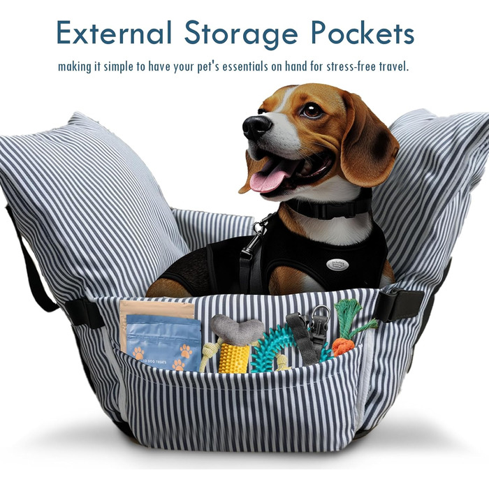 Автокрісло для собак - автокрісло-бустер для маленьких та середніх собак до 18 кг, з ременем безпеки та кишенями для зберігання, миється, антиковзаюча підставка (смугастий морський колір), 30x20.5 дюймів