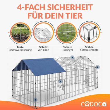 Вольєр для кроликів CADOCA® 180x75x75 см з дахом та захистом від сонця, для саду та дрібних тварин (синій)