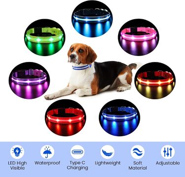 Світлодіодна нашийник для собак ASBRILL з підзарядкою, 7 кольорів RGB, 8 світлодіодів, регульований, вологостійкий, для маленьких, середніх та великих собак (S, блакитний)
