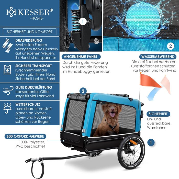 KESSER Причіп-візок для собак Boxer 3в1, велосипедний, великий, 240 л, 600D Оксфорд, амортизований, до 40 кг, з підстаканником