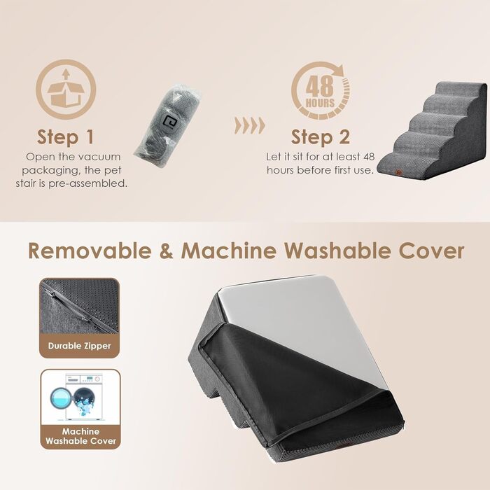 Сходинки для собак EHEYCIGA - 50 см, сірі. Зручні сходи для маленьких собак до дивану/ліжка. 4 сходи, матеріал - високощільний губчастий, з антиковзким покриттям та знімним чохлом. Розміри: 72 x 40 x 50 см.