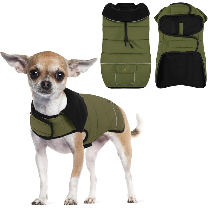 Зимовий теплий одяг для собак маленьких порід, водонепроникний, з флісовою підкладкою, світловідбиваючий, зручна застібка на липучці, зелений, S (обхват грудей 44 см)