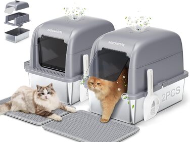 MeoWant закрита котяча туалетна кімната з нержавіючої сталі, 81 л, велика місткість, тришарова, герметична, з педалями, совком і килимком, сірий, 2 шт.