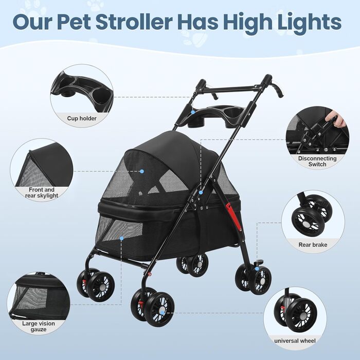 Складаний візок для собак з 4 колесами та дихаючою сіткою - Легкий транспортний візок для маленьких собак та котів до 10 кг, з регульованим сонцезахистом, тримачем для напоїв та страхувальним ременем, Чорний