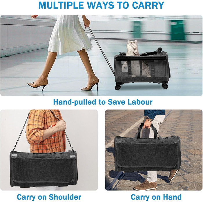 Транспортна переноска для котів та собак на 20 кг з 2 відділеннями, колесами та телескопічним ручками (чорна)