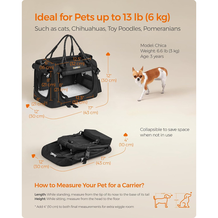 Транспортна сумка Feandrea для собак та котів, складна, чорна, розмір S (до 5,9 кг), з металевим каркасом та повідком