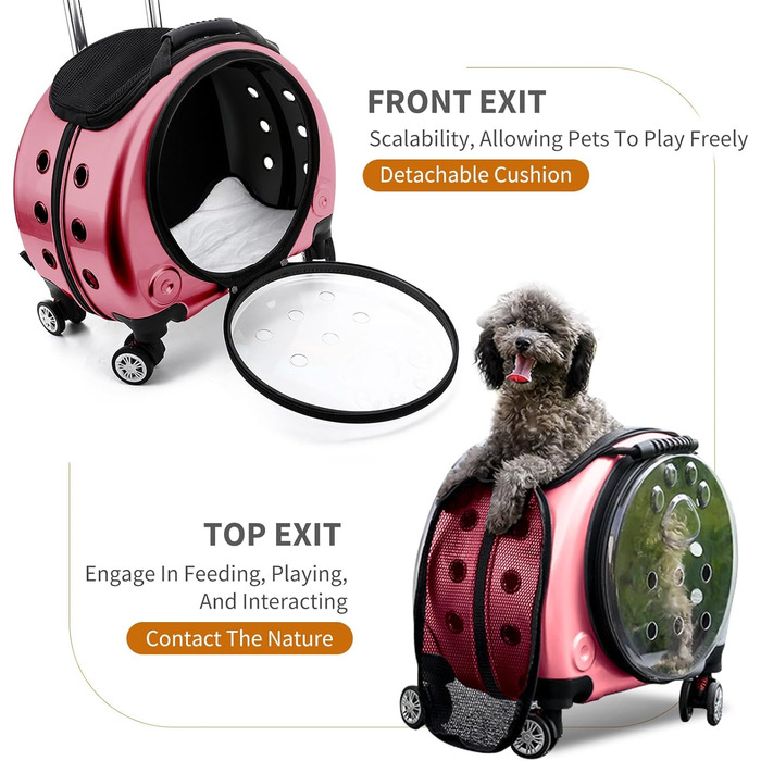 Рюкзак для тварин PETCUTE, рожевий: комфортний перенос для собак та котів до 7.5 кг, з виймальною підстилкою та преміум-колесами