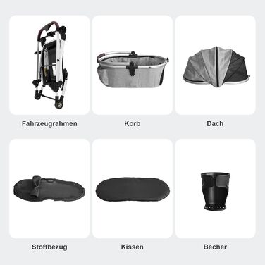 Візок для собак DAISTERN, складаний, до 25 кг, сірий. Легкий алюмінієвий каркас, поворотне EVA-колесо з амортизатором та гальмом, 4-в-1 для прогулянок, міста та ветеринара.