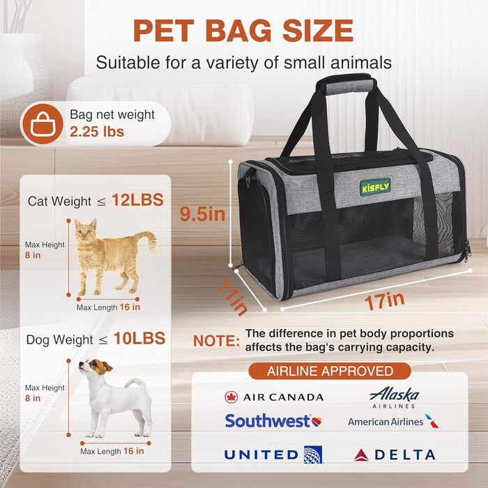 Транспортувальна сумка для тварин, схвалена TSA, сіра, 43.2 x 27.9 x 24.1 см, для котів та собак до 5.4 кг, з туалетом для котів