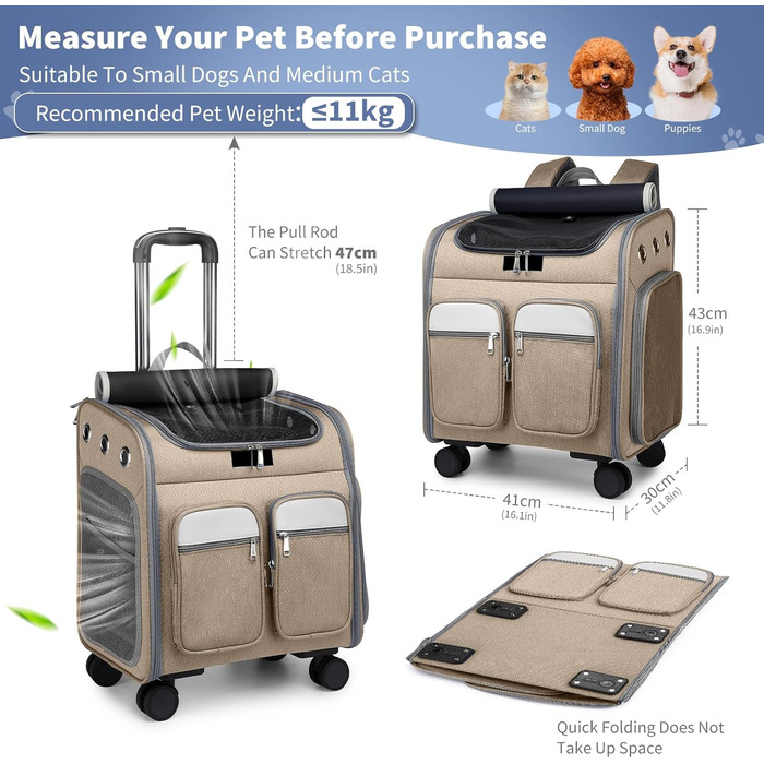 Рюкзак-переноска для кота та собаки PETCUTE з візком 2 в 1 до 11 кг, складаний, з витяжною підстилкою, багатофункціональний, дихаючий, для кошенят та цуценят (Хакі)
