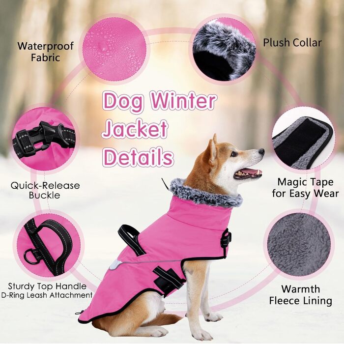Водонепроникний собачий плащ IANZIMAU з шлейкою, зимовий, флісовий, з відбиваючими елементами, для маленьких, середніх та великих собак, сіро-зелений (M, Рожевий)