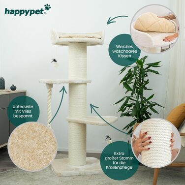 Дерево для котів HAPPYPET 'Freddy' 150 см, преміум, великий, стійкий, для мейн-кунів, натуральний сизаль, стовпи 20 см, кремовий