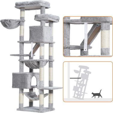 Кігтеточка-будинок для котів Heybly HCT034G, 180 см, сірий, з 2 платформами, 2 будиночками, гамаком, корзиною та когтеточкою