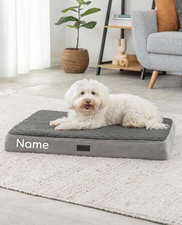 Ортопедичне ліжко для собак Lionto, 112x81x8 см, міцне, з м'яким плюшем, знімний та пральний чохол, водовідштовхувальне, для собак та котів, з нанесенням імені (76x51x8 см з іменем), сірий колір