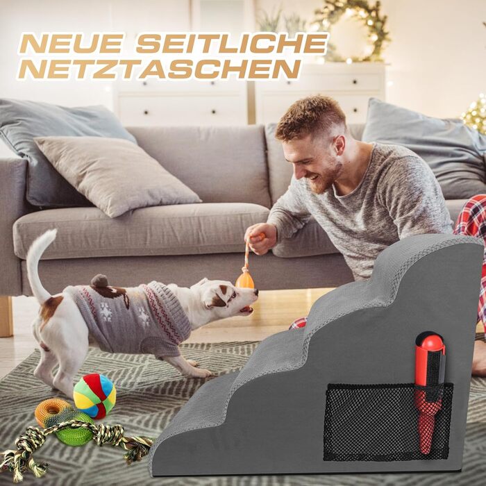 Сходинки для собак маленьких порід, 4 сходинки, знімний підйомник, неслизьке покриття, для ліжка та дивану, сірий колір