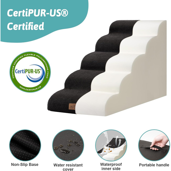 Сходинки для собак маленьких порід 50 см, сходи для тварин на ліжко з високощільним губчастим матеріалом, сходинки для собак з пральною наволочкою та неслизьким дном, 40x72x50 см, 4 сходинки (Чорний, 5 сходинок (40x84x57 см))