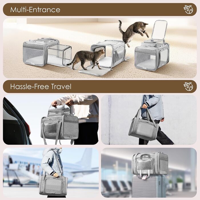Розширювана сумка-переноска для собак та котів TSA Airline Approved (сіра, L 46x28x28 см) з самоблокуючими застібками для цуценят, кошенят та гризунів