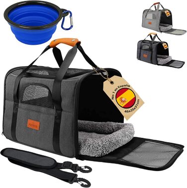 Транспортна переноска для собак та котів PEPPER, 46x35x31 см, з поїльником, подушкою та мискою для води | Переноска для тварин з вентиляцією 360° | Чорна переноска для кота та собаки