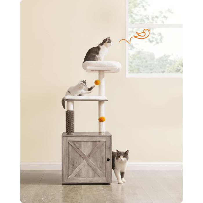 Котячий комплекс Feandrea WoodyWonders 2-в-1 з когтеточкою, туалетом у шафі, 134 см, з драпаком, платформою, знімними подушками, грейж