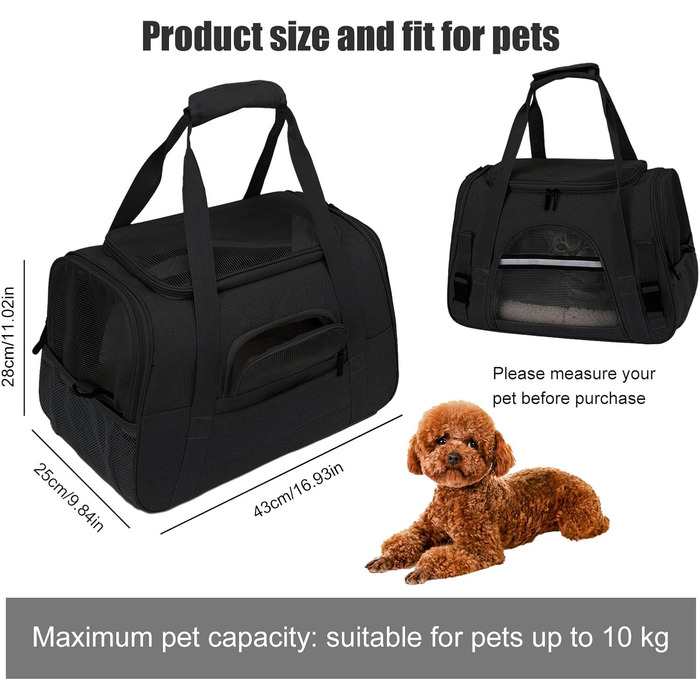 Транспортна сумка для тварин ZSMJAER з підстилкою з флісу, для котів та маленьких собак до 10 кг, чорна