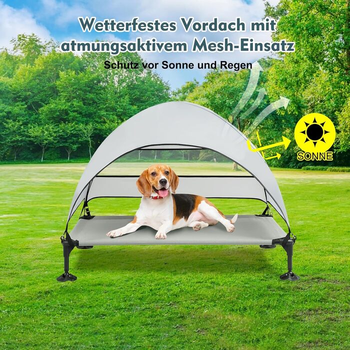 Лежанка для собак Snagle Paw з дахом, підвищене ліжко - стабільне собаче ліжко з антиковзкими ніжками, широка тінь - водонепроникна для великих собак в приміщенні/на вулиці, кемпінг та сад (Сірий, L106 x B76 x H84 см)