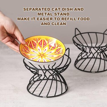 Набори мисок для котів з кераміки Katzennäpfe - 6 шт. Миски для корму для котів у яскравому стилі, широкі, плоскі, зручні для вусів - підходять для мікрохвильової печі та мийки - 250 мл (чорний підставник)