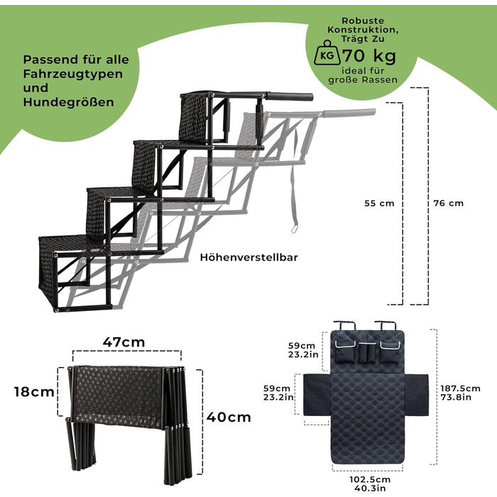 Рампа для собак у багажник авто з захистом, 4 сходинки, 55–76 см, до 70 кг, складана, з килимком