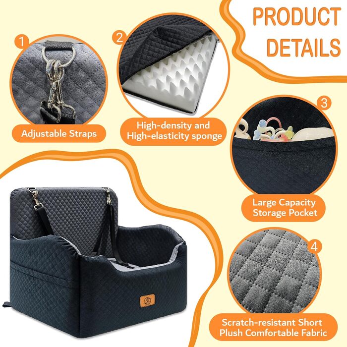 Підвищення для собак у машину з memory foam, до 15,9 кг, середній розмір, зручне автоліжко для собак, знімний чохол, сірий + чорний, Large