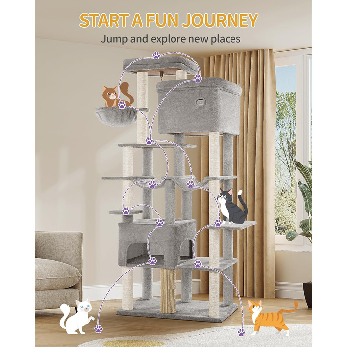 Котячий будиночок Hzuaneri XXL з 10 стовпчиками для дряпання, 2 печерами, 2 гамаками, великою платформою, щітками для котів, кошиком. Підходить для Maine Coon, великих котів, сірий колір MS20018LG
