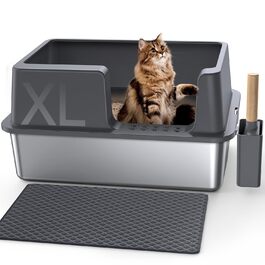 Лоток для котів Gimars XL з металу – герметичний лоток з нержавіючої сталі, миска без витоків, лопатка та килимок, підходить для великих, середніх та маленьких котів, темно-сірий з килимком