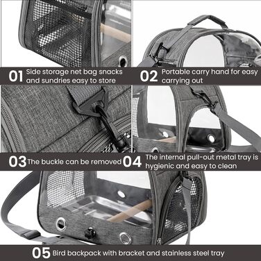 Рюкзак для птахів, переноска для птахів, транспортний контейнер для птахів. Переносний клітка для птахів, сумка-переноска з дерев'яною жердкою, нержавіюча таця для папуг, щуряків, хвилястих понічок.