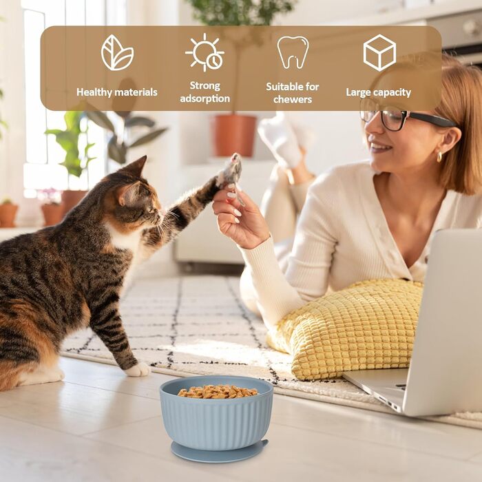 Набір мисок для котів та маленьких собак з силікону (3 шт) з кришками, неслизькі, для мікрохвильовки та посудомийної машини, смугастий дизайн