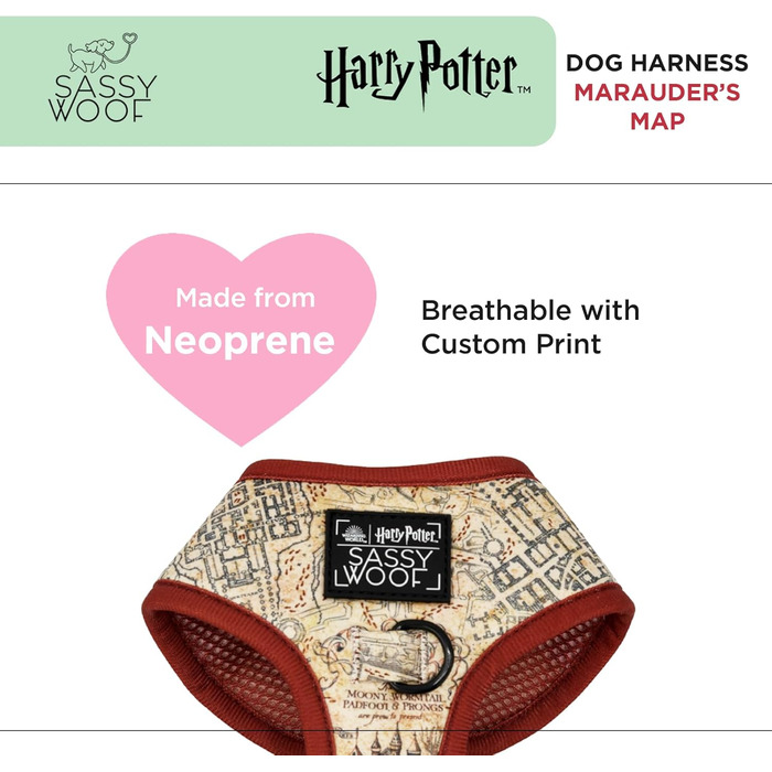 Регульована шлейка для собак Sassy Woof Harry Potter™ Marauder’s Map XL, дихаюча сітка, подвійний D-кільця, не тягне, для великих собак, офіційна
