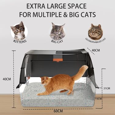 Котячий туалет з нержавіючої сталі з кришкою XXL, закритий, верхній вхід, із совком і килимком, чорний