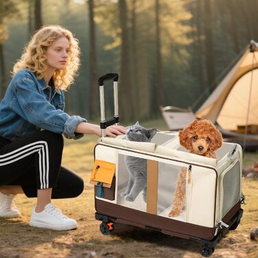 PETCUTE Транспортна сумка для тварин на 2 котів/собак з 2 відділеннями та знімними колесами, дихаюча, для подорожей, прогулянок, кемпінгу, бежево-коричнева
