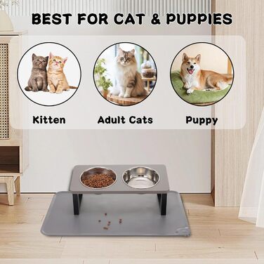 Підвищений годівниця для котів з килимком, нахилений під кутом 15°, годівниця проти блювоти для корму та води, 2 шт. з нержавіючої сталі для котів та цуценят (сірий), 2 миски сірого кольору