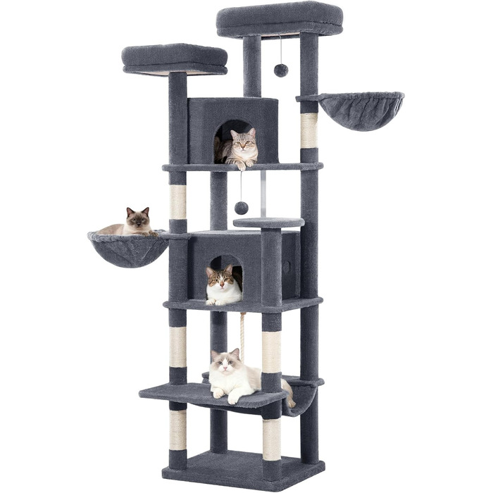 Драбина-кіготь для котів Kratzbaum Groß 216 см, XXL, стабільна з краш-стовпцями, 2 затишні будиночки, 2 платформи, 2 кошики, гамак, для дому, FPMS007FG1 (50x40x175 см, темно-сірий)