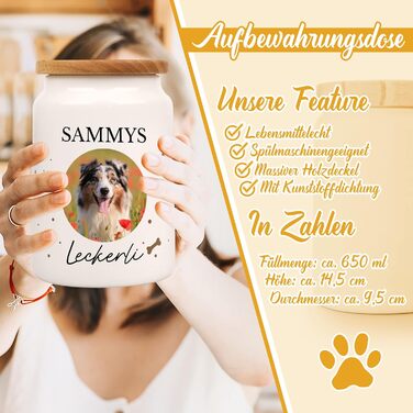 Керамічна банка для ласощів з дерев'яною кришкою - персоналізована з фото та ім'ям - для собак, котів та інших домашніх тварин. Чудова ідея для подарунка