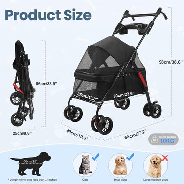 Транспортувальна візок для собак, легкий та складаний, з регульованим козирком, анти-вислизання, гальма та багажник (до 10 кг), чорний