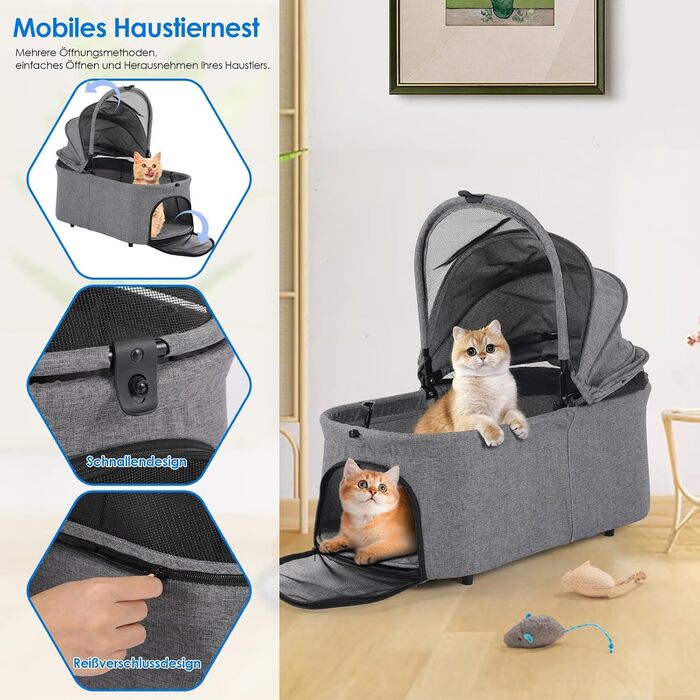 Візок для собак Mamizо 3-в-1, до 30 кг, з сумкою, поворотні колеса, для собак та котів, сірий