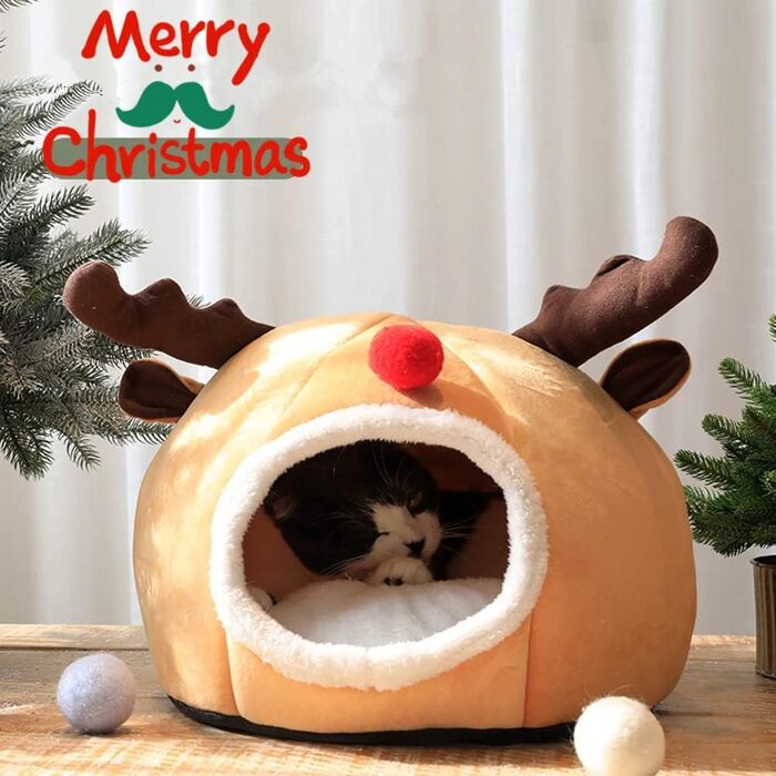 Кругле ліжко для домашніх тварин: котів, собак, кроликів. З м'якого матеріалу, у вигляді наметового будиночка з оленем на тему Різдва.