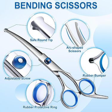 Набір професійних ножиць для собак 5-в-1: вигнуті ножиці з круглою кінцівкою, гребінець для розплутування, титанове покриття, для собак, котів та інших тварин