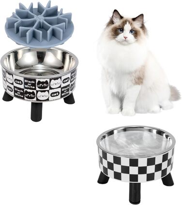 Набір мисок для котів з повільним годуванням (2 шт.) - широкі, з нержавіючої сталі, підставка з пластику та силікону. Ідеально для котів з чутливими вусиками. Фідер для води та корму.