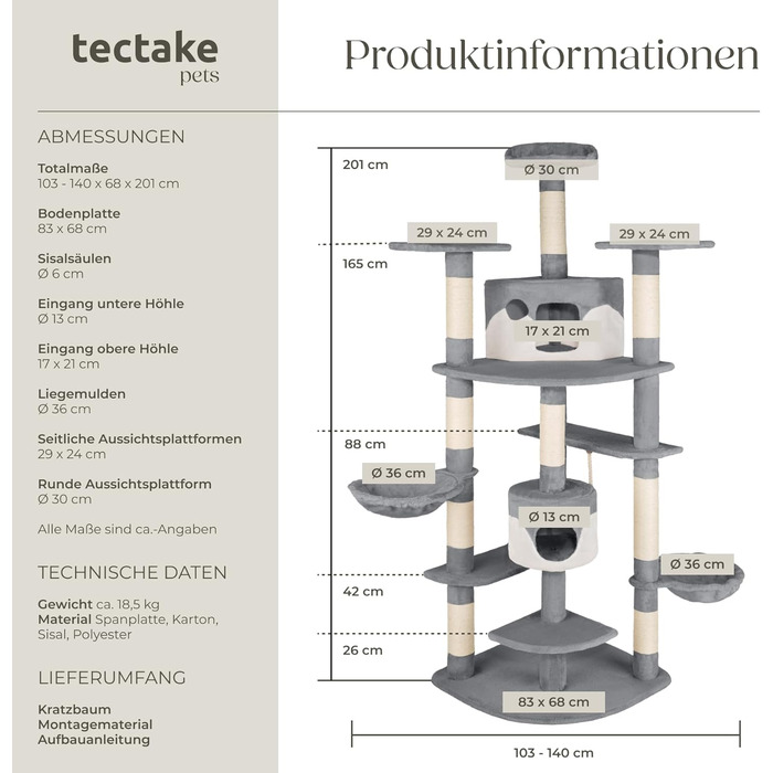 Великий котячий дряпак tectake® XXL з іграшками та аксесуарами, два будиночки для котів, ігрова вежа з сисалевими стовпами, сірий/білий