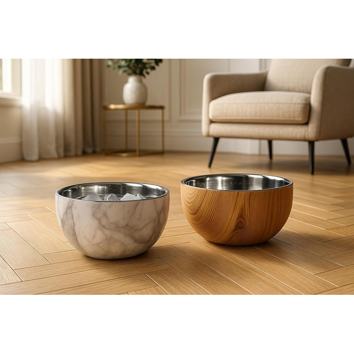 Німецький миска для собак Flamingo з нержавіючої сталі, 700 мл, Ø15,5 см, з подвійними стінками для тривалої свіжості, з антиковзким покриттям, придатна для миття в посудомийній машині, дерев'яна підставка Oase