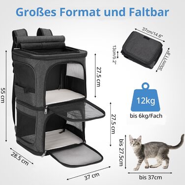 Рюкзак для котів та собак FASRIOU на 2 тварини до 12 кг, чорний, з матом та сіткою